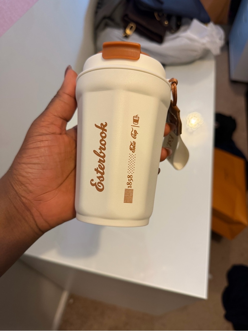 Cream Travel Mug with Tan Accent - Reusable Carry Cup